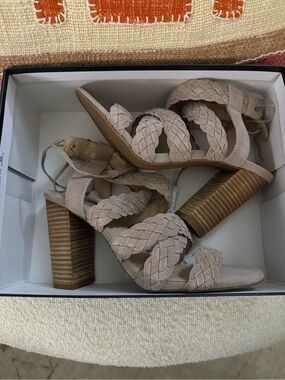 BCBG Braided Lace-Up Block Heel Sandals in Taupe